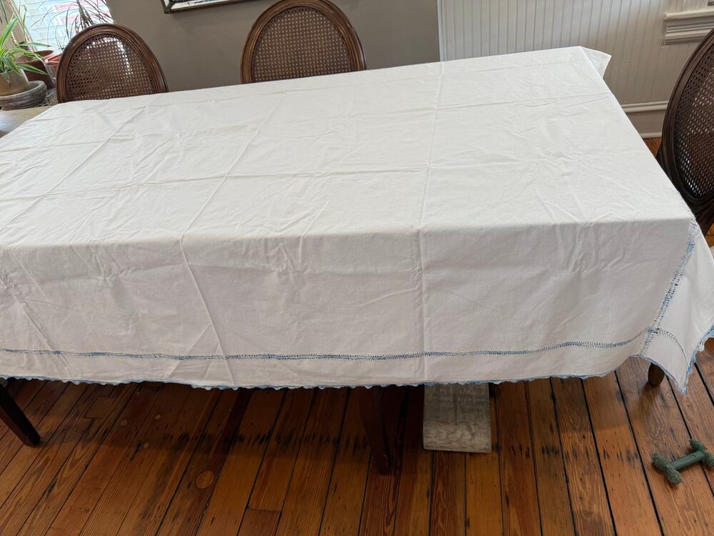 Vintage Embroidered Lace Trim White Cotton Flat Sheet